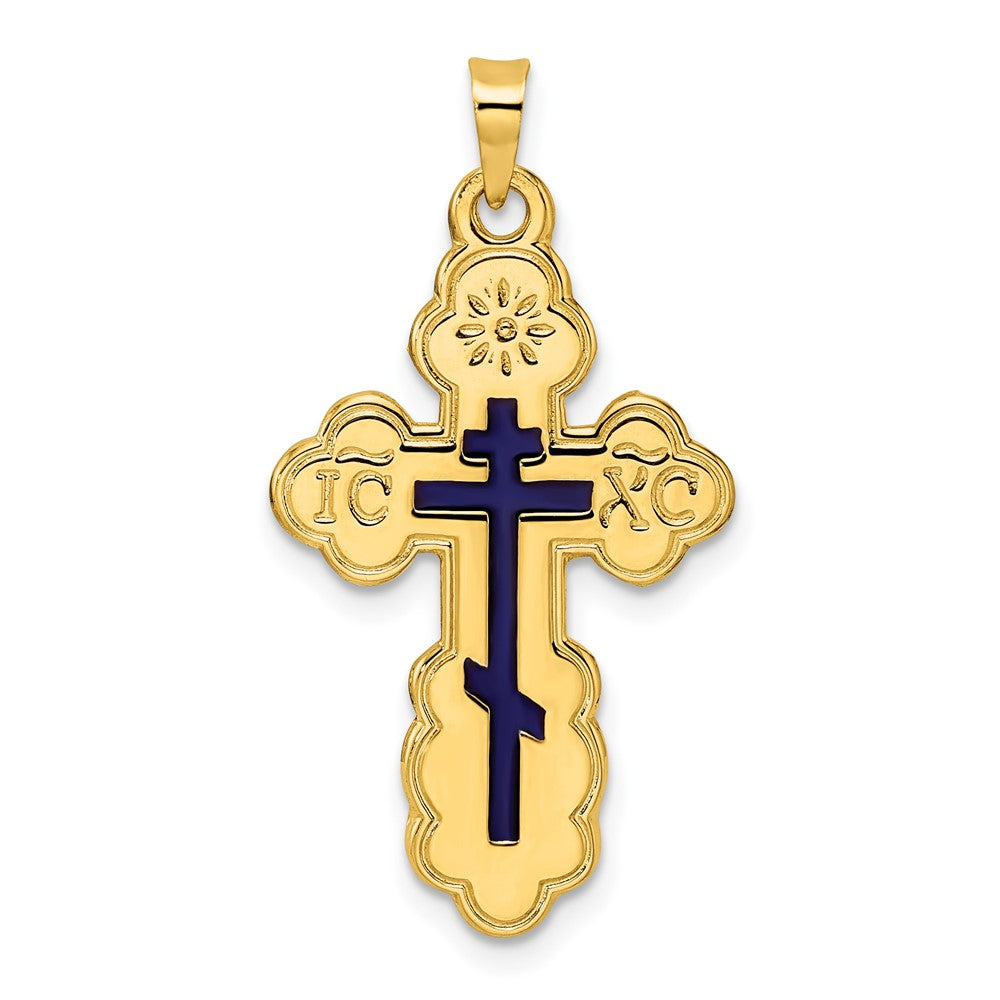 14k Yellow Gold 17.43 mm Polished Eastern Orthodox Blue Enamel Solid Cross Pendant (2.12 grams)