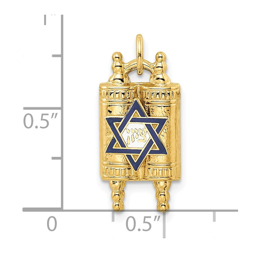 14k Yellow Gold 10.47 mm Polished Solid Torah and Enameled Star of David Pendant (1.1 grams)