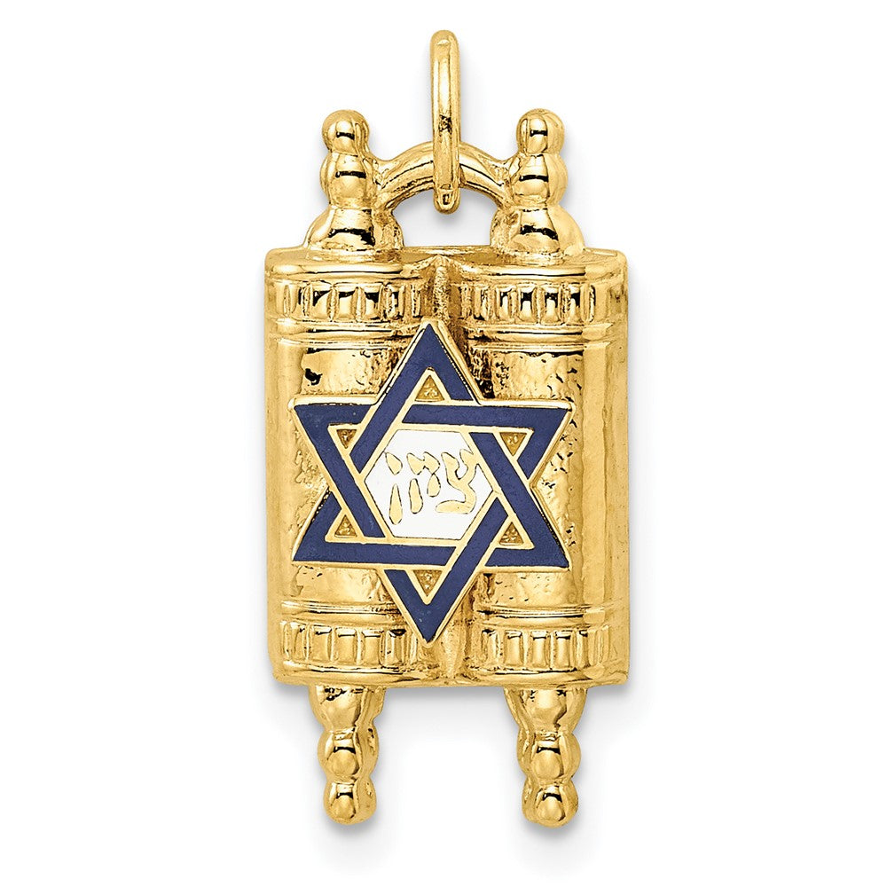 14k Yellow Gold 10.47 mm Polished Solid Torah and Enameled Star of David Pendant (1.1 grams)