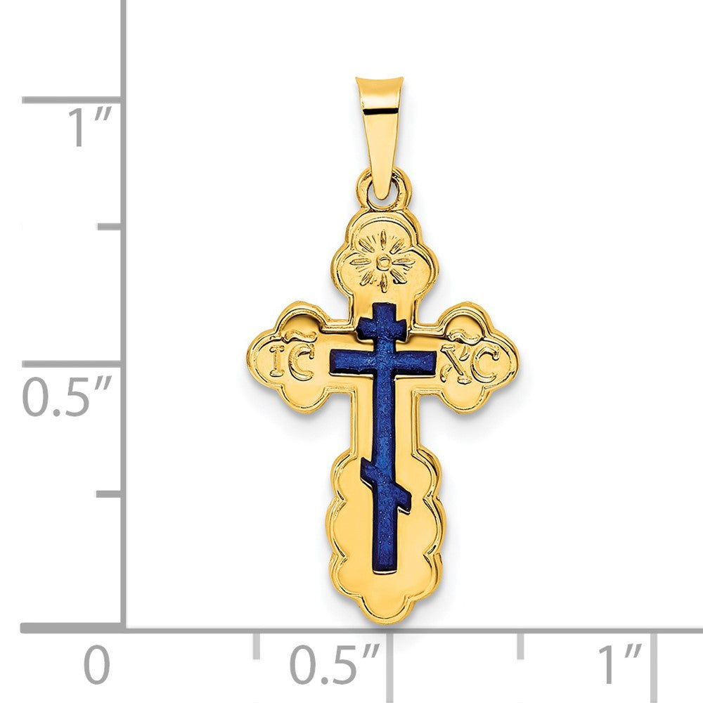 14k Yellow Gold 13 mm Polished Eastern Orthodox Blue Enamel Solid Cross Pendant (1.13 grams)