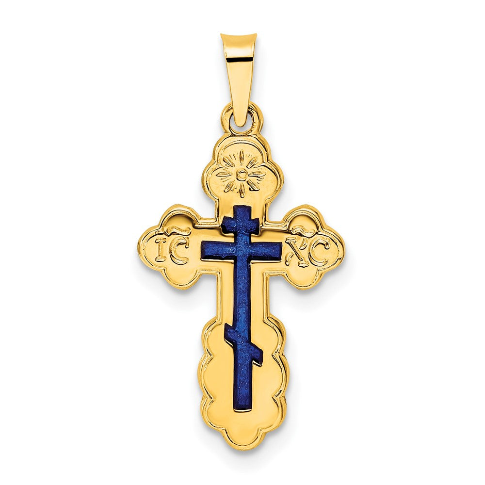 14k Yellow Gold 13 mm Polished Eastern Orthodox Blue Enamel Solid Cross Pendant (1.13 grams)