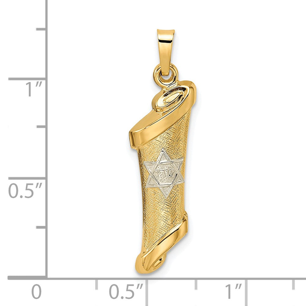 14k Two-tone 7.67 mm Polished and Textured Hollow Mezuzah Pendant (0.97 grams)