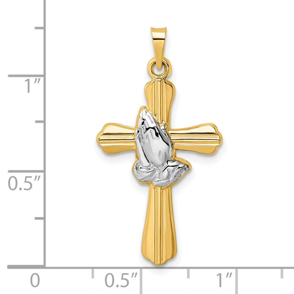 14k Yellow & Rhodium 17.15 mm Polished Hollow Praying Hands Cross Pendant (0.78 grams)
