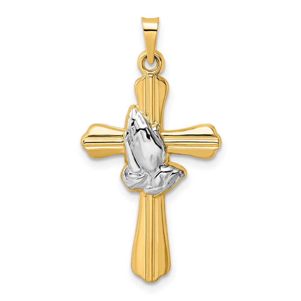 14k Yellow & Rhodium 17.15 mm Polished Hollow Praying Hands Cross Pendant (0.78 grams)