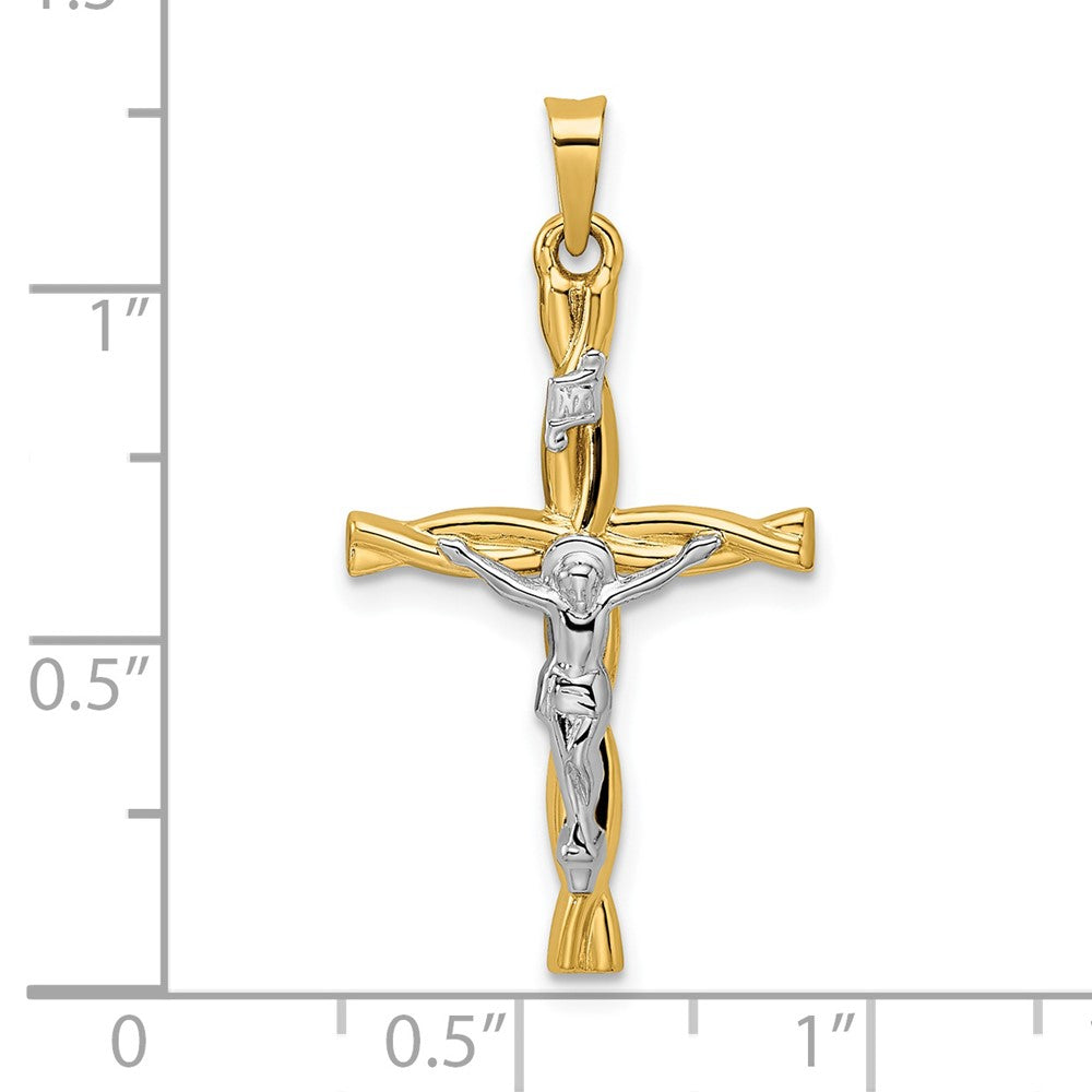 14k Two-tone 17.05 mm Polished Hollow INRI Crucifix Twisted Cross Pendant (0.71 grams)