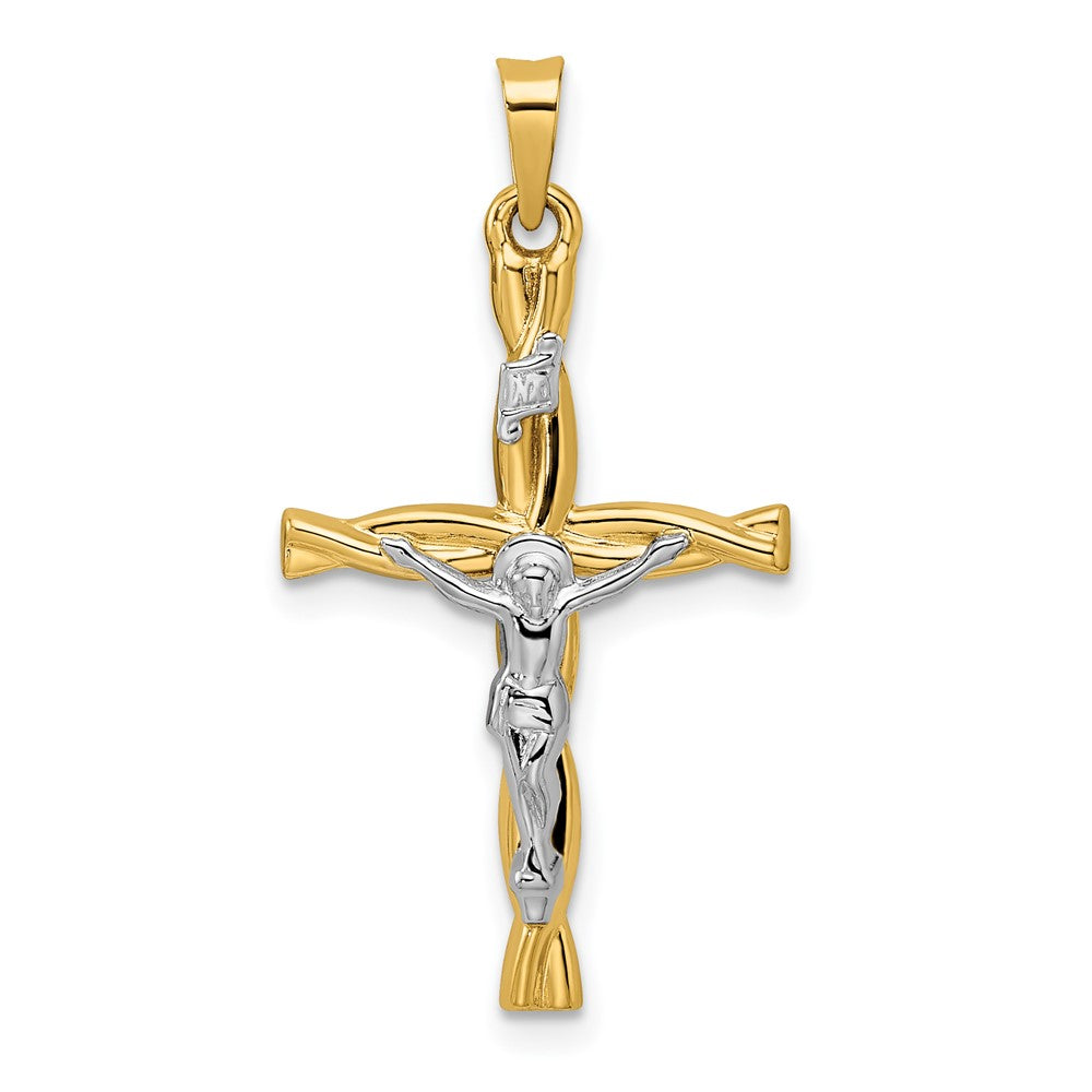 14k Two-tone 17.05 mm Polished Hollow INRI Crucifix Twisted Cross Pendant (0.71 grams)