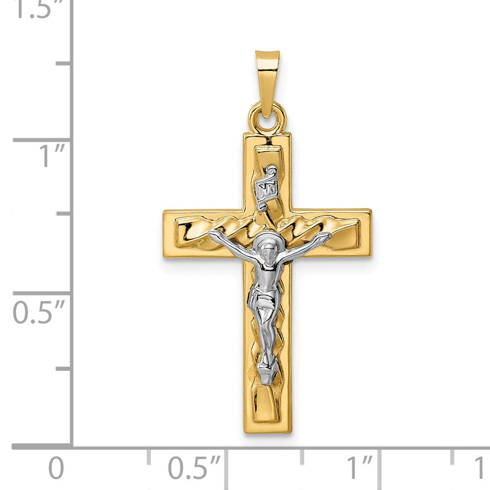 14k Two-tone 17.8 mm Polished and Twisted Hollow INRI Crucifix Pendant (0.92 grams)