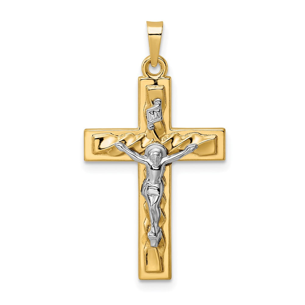 14k Two-tone 17.8 mm Polished and Twisted Hollow INRI Crucifix Pendant (0.92 grams)