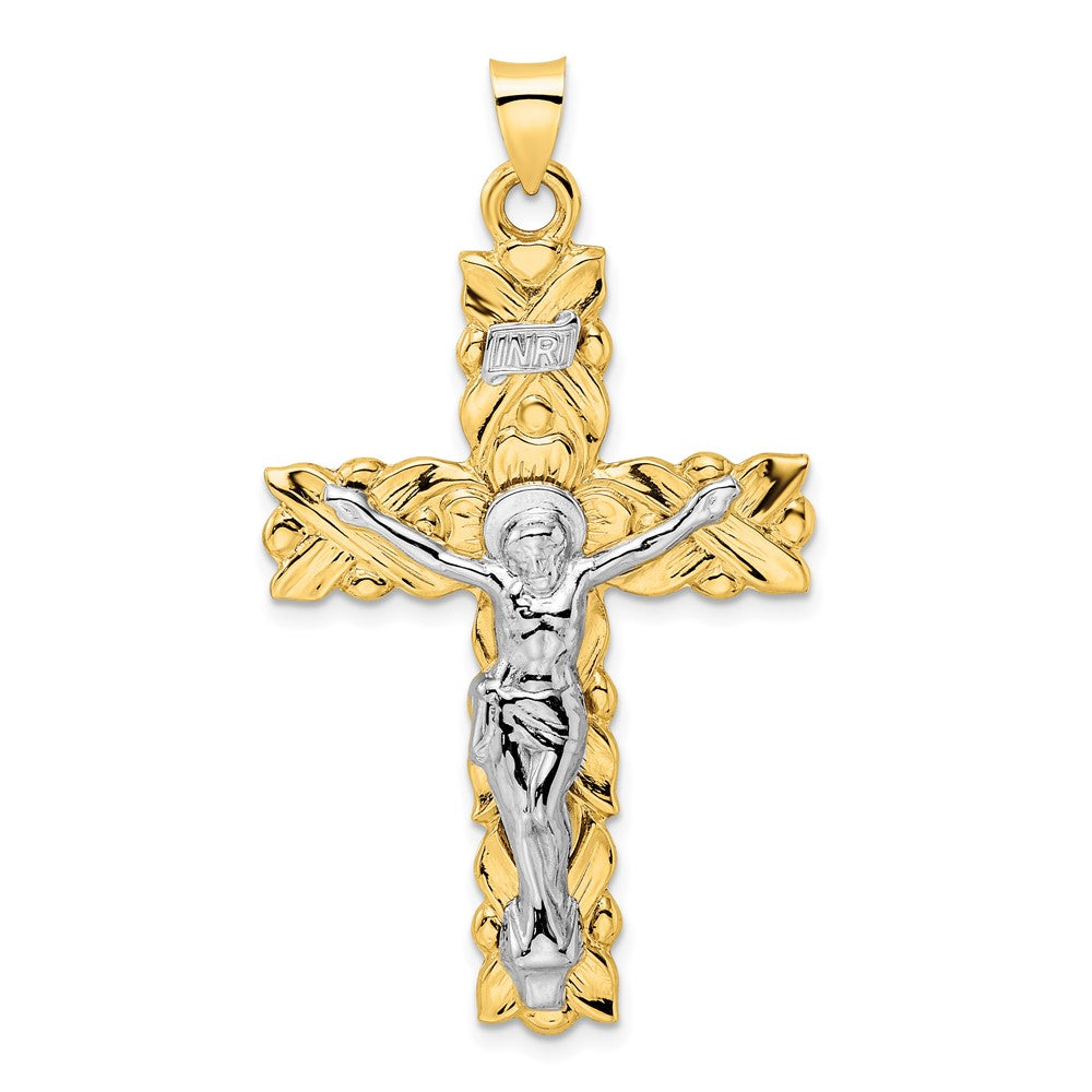 14k Two-tone 28.8 mm Polished Solid INRI Crucifix Pendant (6 grams)