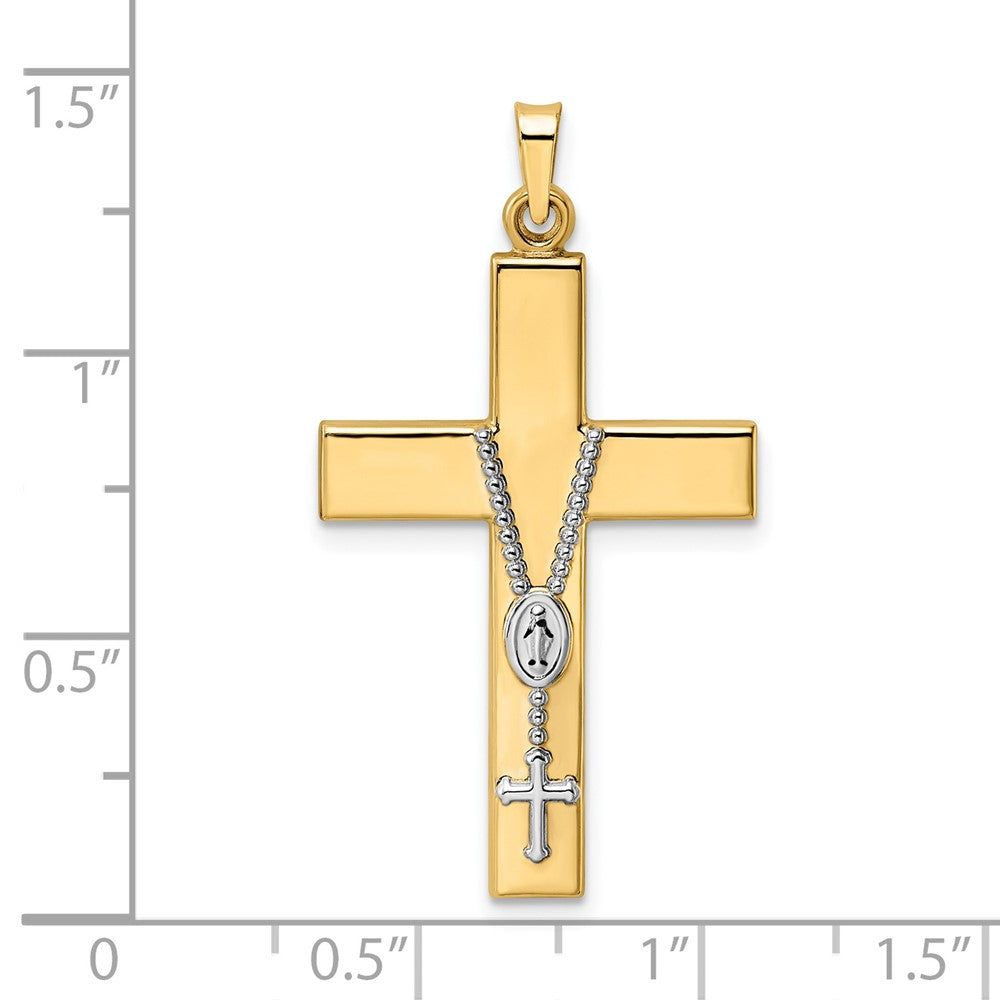 14k Two-tone 20.2 mm Polished Hollow Rosary Cross Pendant (1.17 grams)