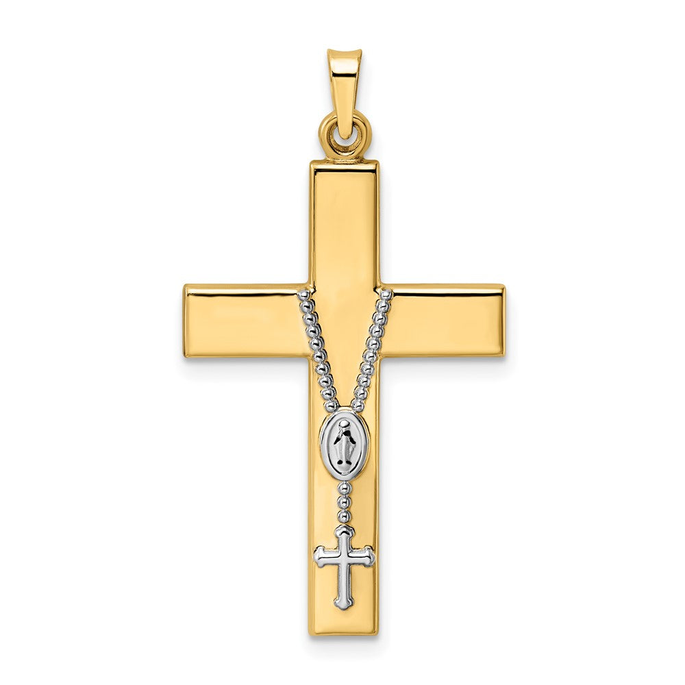 14k Two-tone 20.2 mm Polished Hollow Rosary Cross Pendant (1.17 grams)