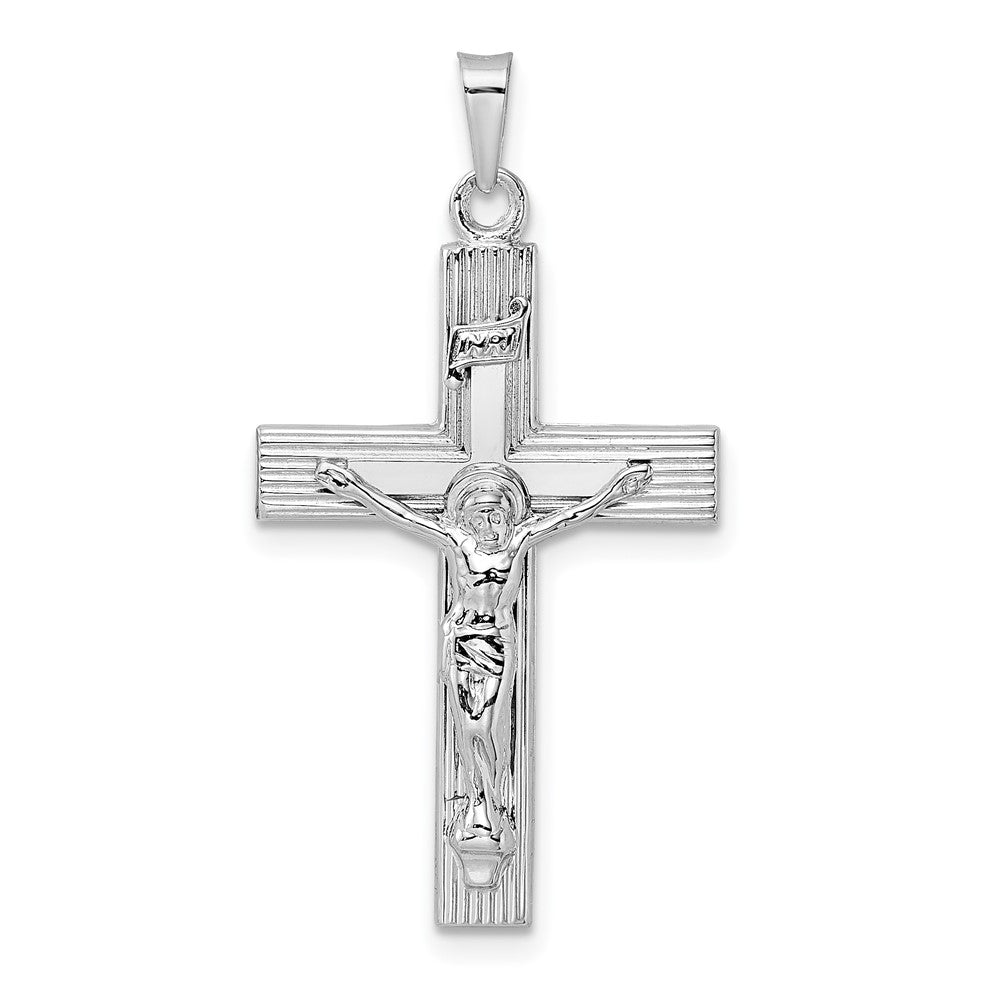 14k White Gold 19 mm Polished Solid INRI Striped Crucifix Pendant (2.18 grams)