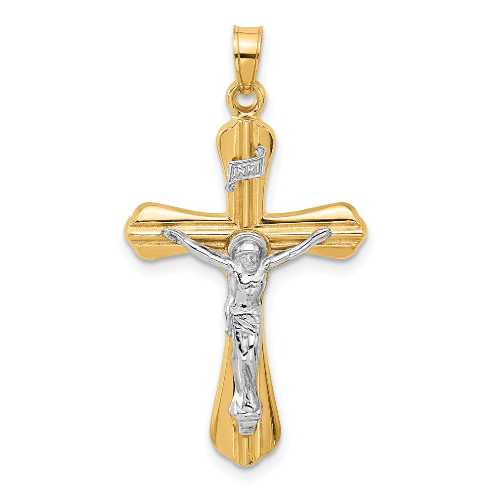 14k Two-tone 19.9 mm Two-Tone Grooved Hollow INRI Crucifix Pendent (1.14 grams)