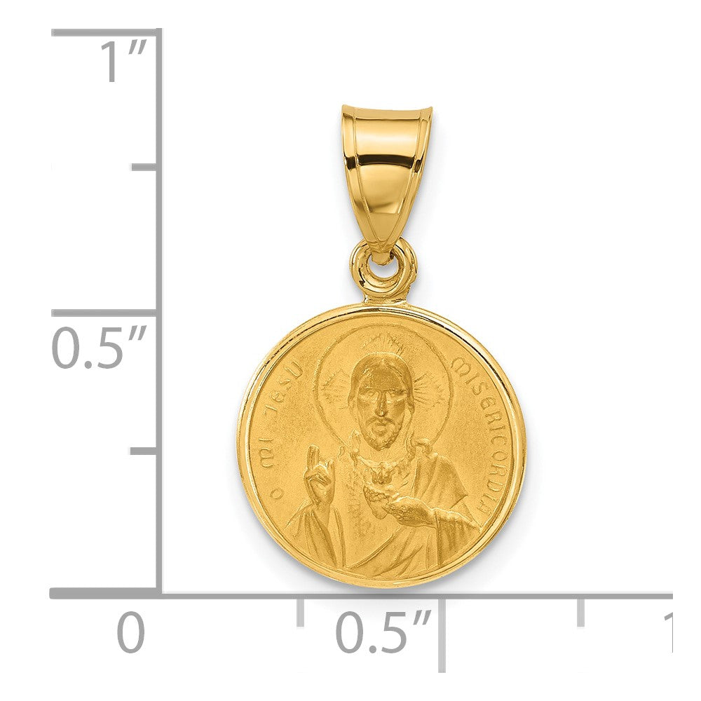 14k Yellow Gold 13.3 mm Polished and Satin Solid Sacred Heart of Jesus Medal (1.33 grams)