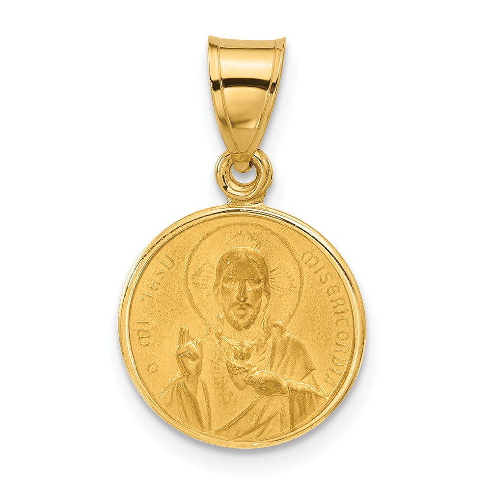 14k Yellow Gold 13.3 mm Polished and Satin Solid Sacred Heart of Jesus Medal (1.33 grams)