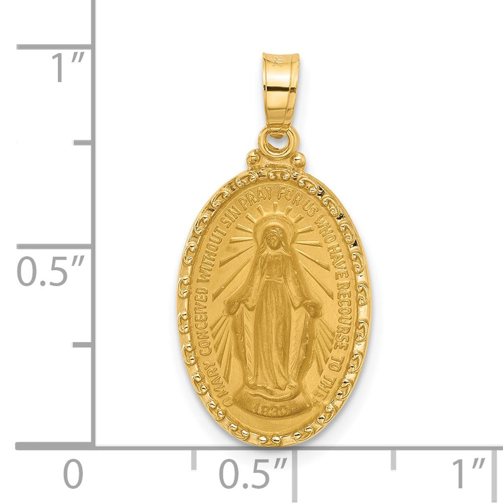 14k Yellow Gold 12.8 mm Satin and Polished Miraculous Medal Solid Oval Pendant (1.63 grams)