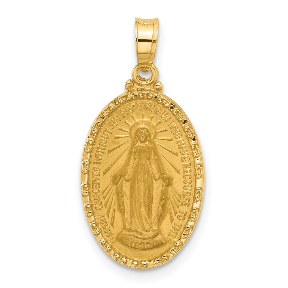 14k Yellow Gold 12.8 mm Satin and Polished Miraculous Medal Solid Oval Pendant (1.63 grams)
