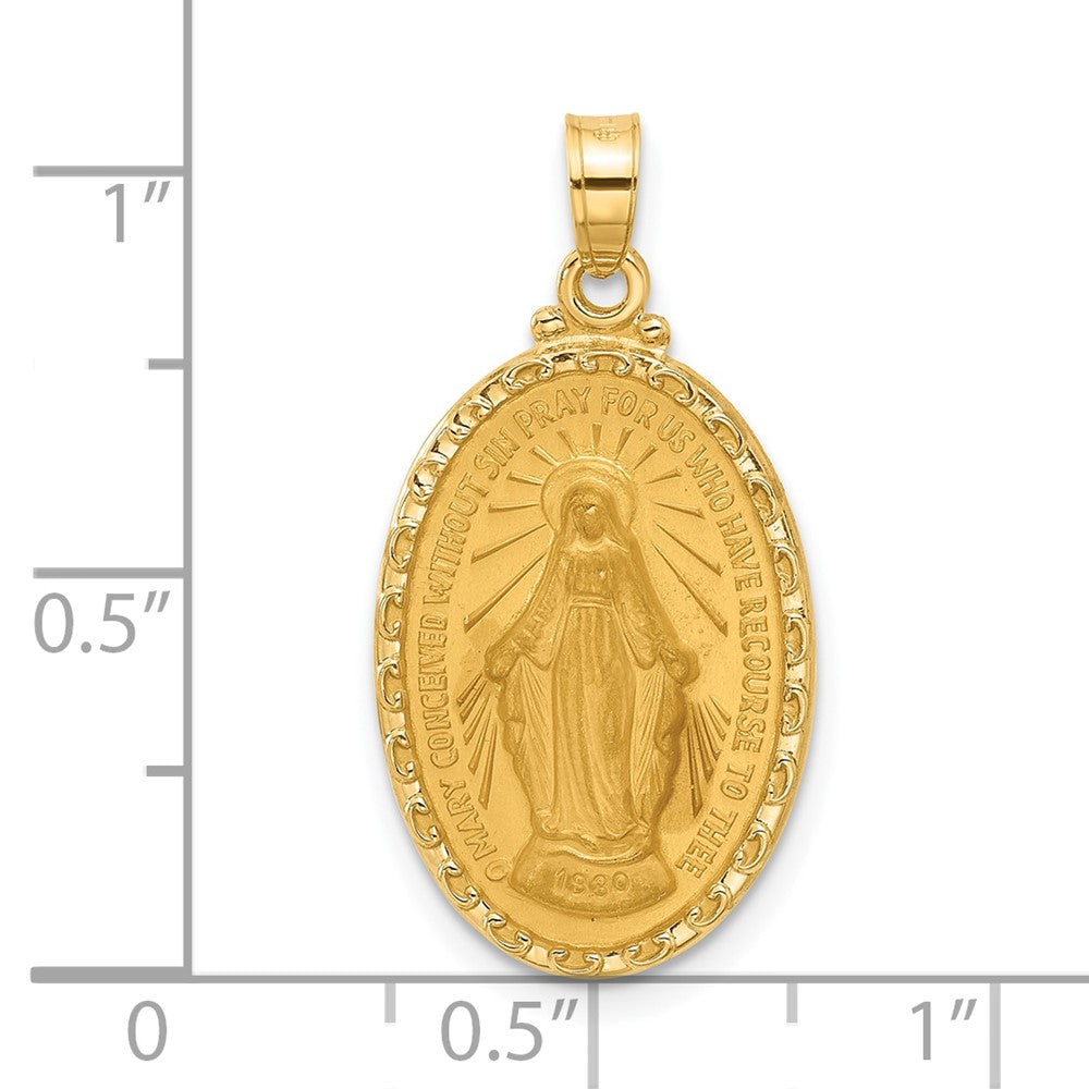 14k Yellow Gold 14.4 mm Satin and Polished Miraculous Medal Oval Solid Pendant (2.24 grams)