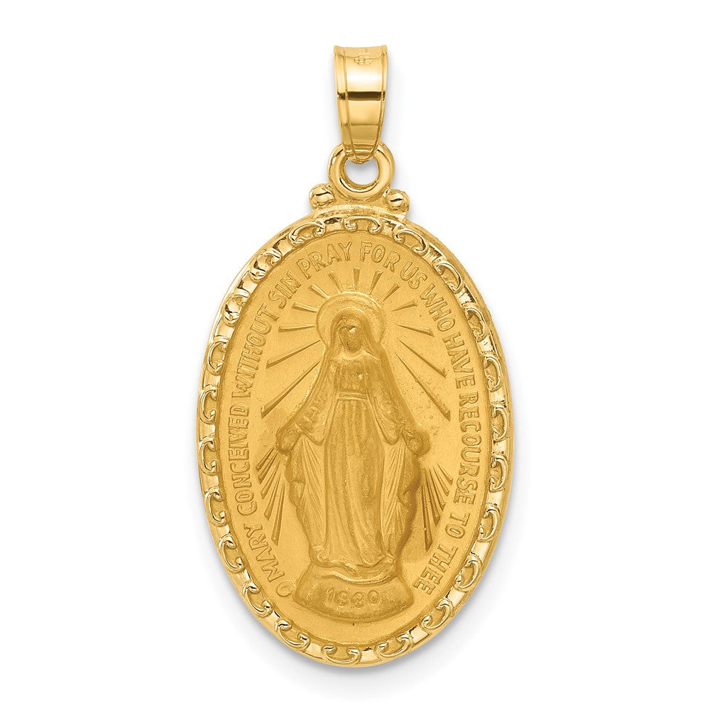 14k Yellow Gold 14.4 mm Satin and Polished Miraculous Medal Oval Solid Pendant (2.24 grams)