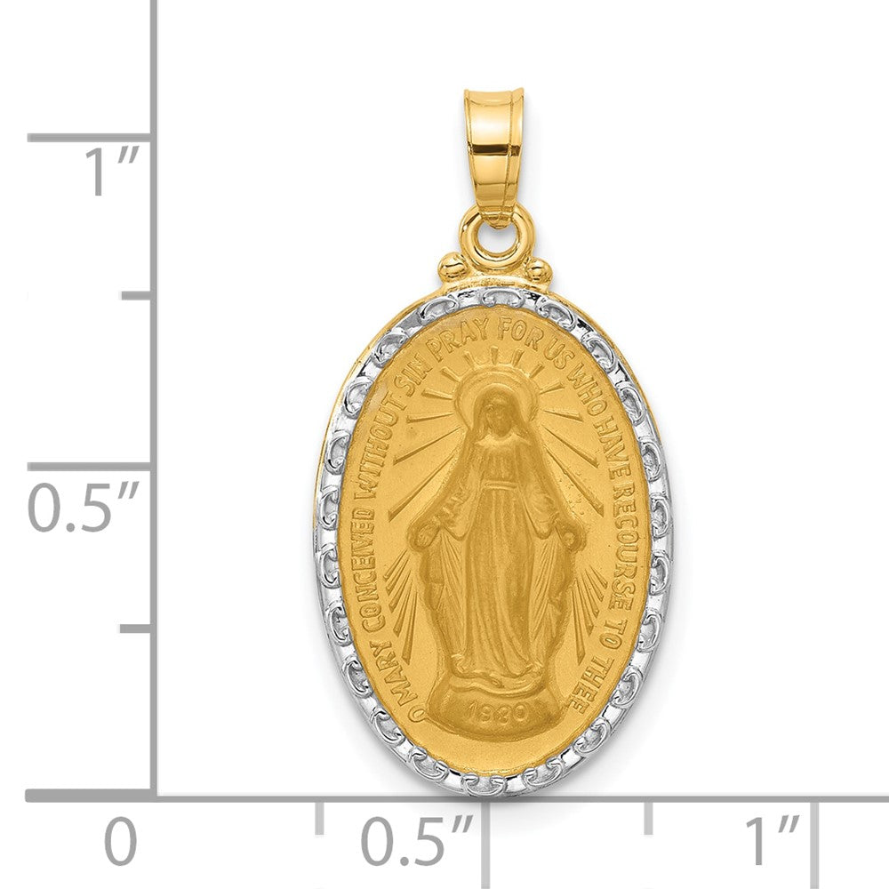 14k Yellow & Rhodium 14.4 mm Satin and Polished Miraculous Medal Solid Oval Pendant (2.22 grams)