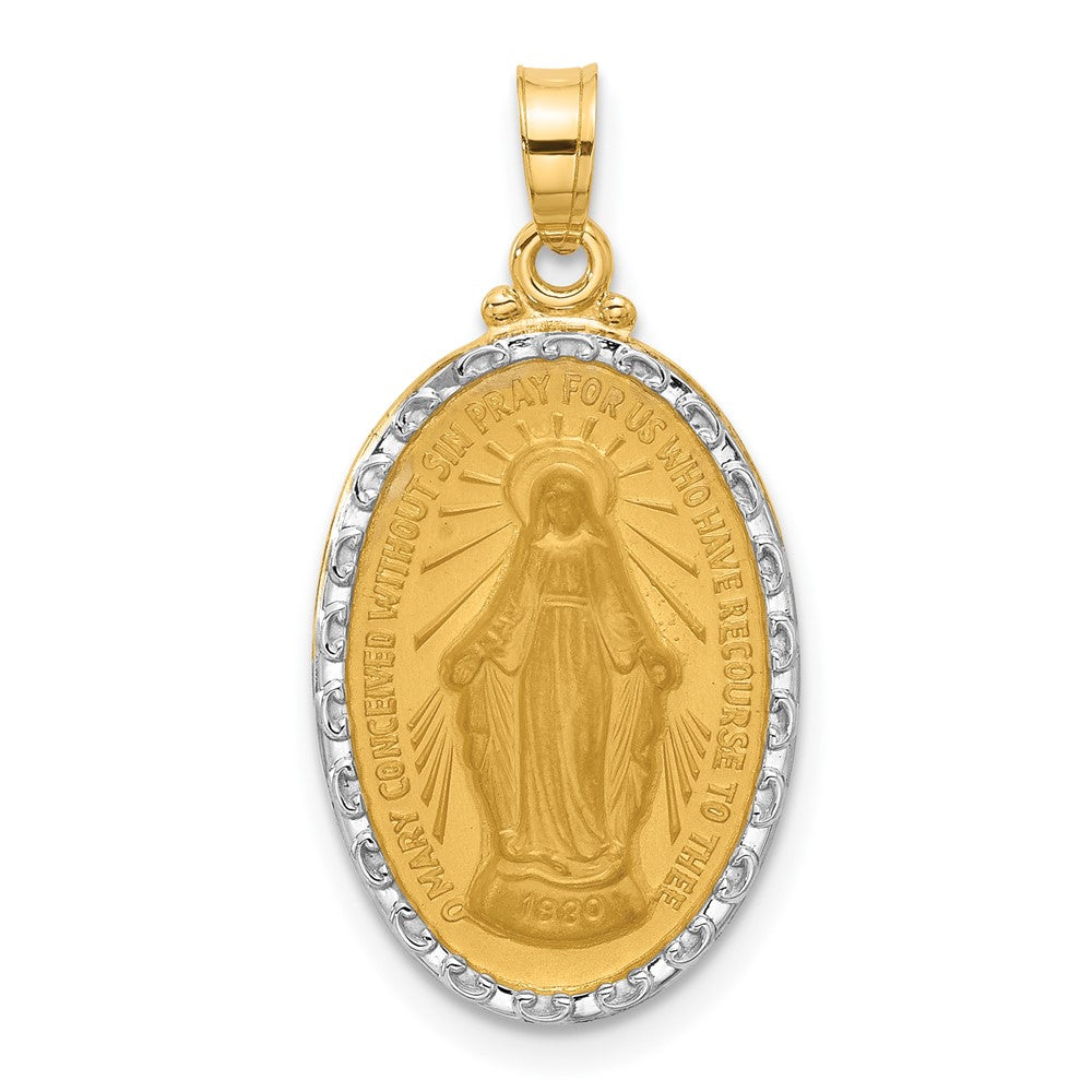 14k Yellow & Rhodium 14.4 mm Satin and Polished Miraculous Medal Solid Oval Pendant (2.22 grams)