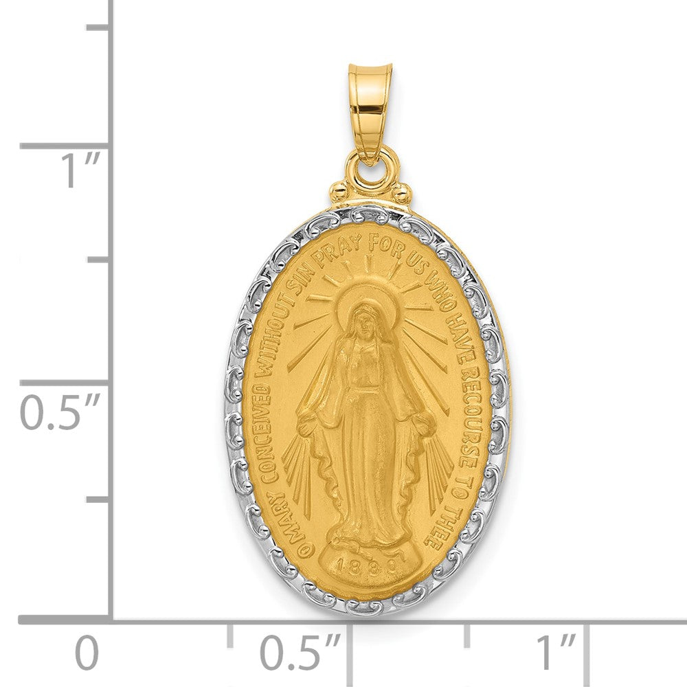 14k Yellow & Rhodium 16.1 mm Satin and Polished Miraculous Medal Solid Oval Pendant (2.57 grams)