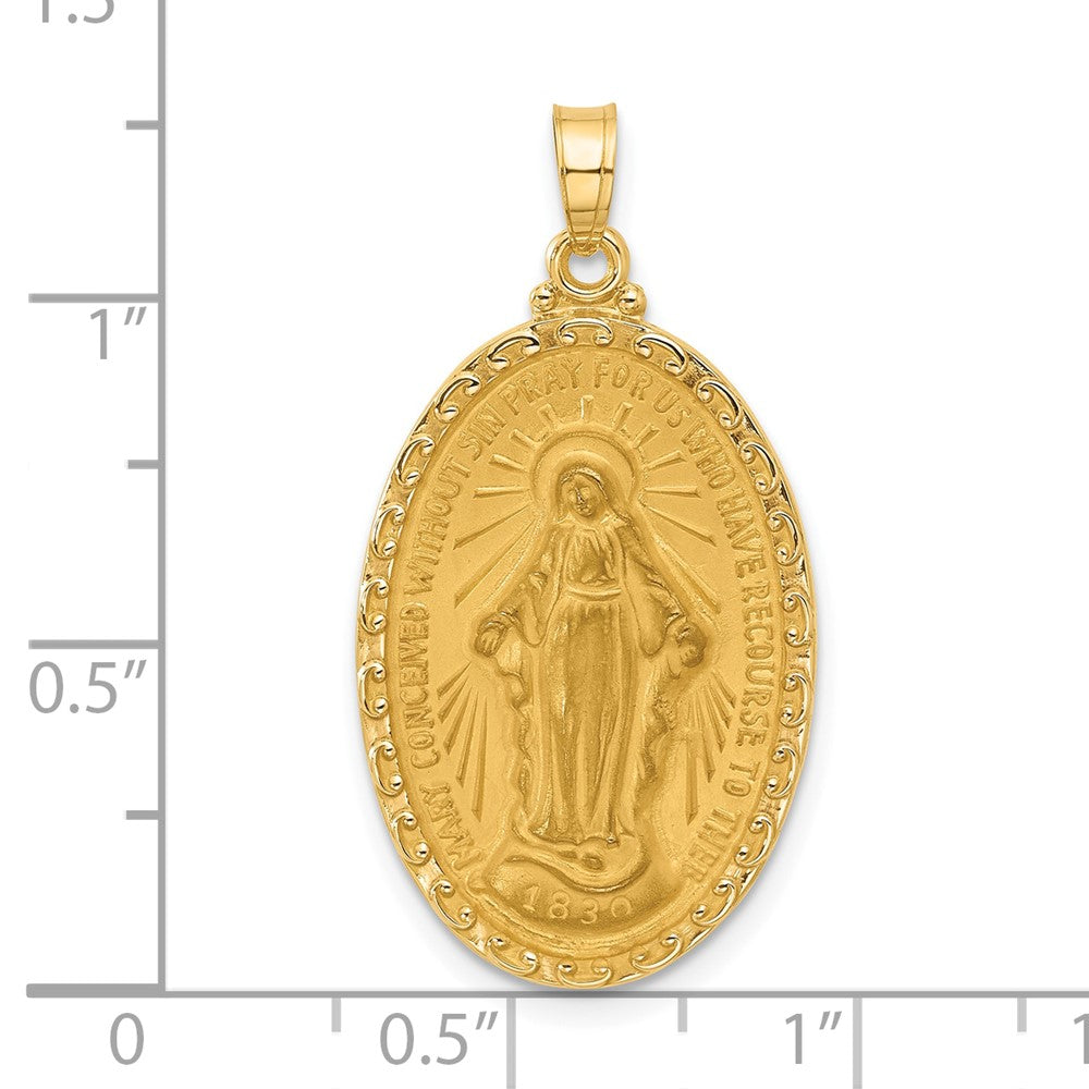 14k Yellow Gold 17.6 mm Satin and Polished Miraculous Medal Solid Oval Pendant (3.19 grams)