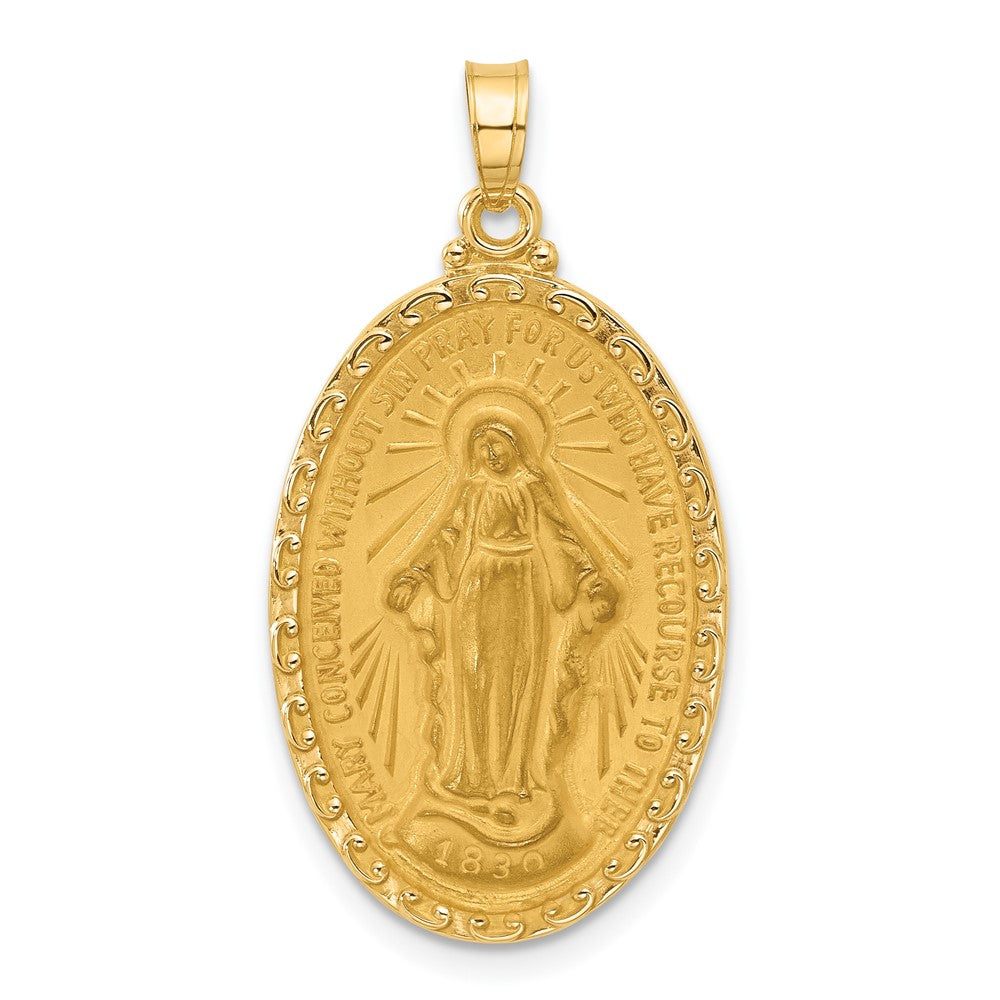 14k Yellow Gold 17.6 mm Satin and Polished Miraculous Medal Solid Oval Pendant (3.19 grams)