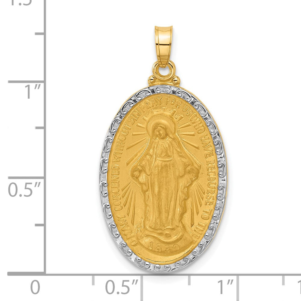 14k Yellow & Rhodium 17.6 mm Satin and Polished Miraculous Medal Solid Oval Pendant (3.19 grams)