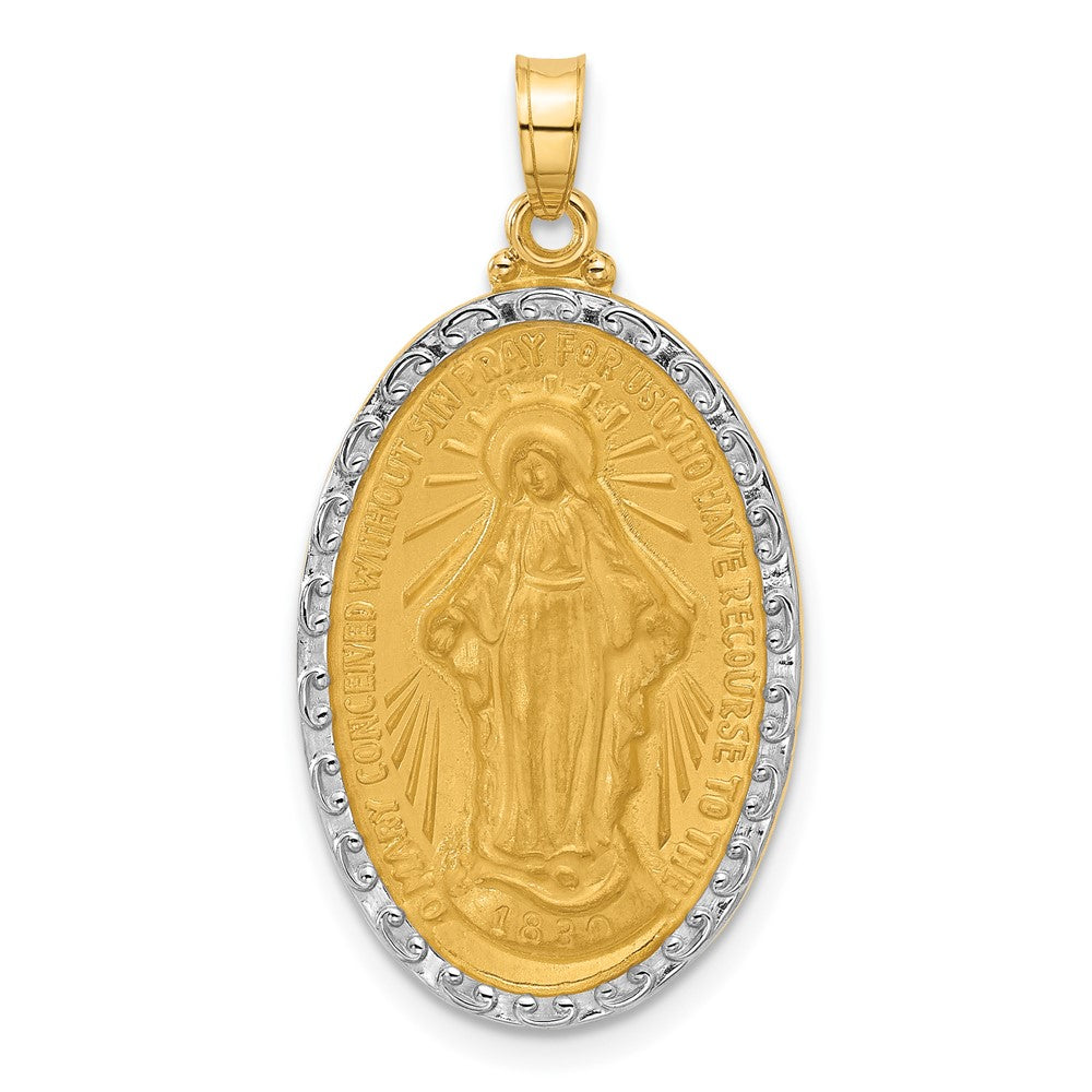 14k Yellow & Rhodium 17.6 mm Satin and Polished Miraculous Medal Solid Oval Pendant (3.19 grams)