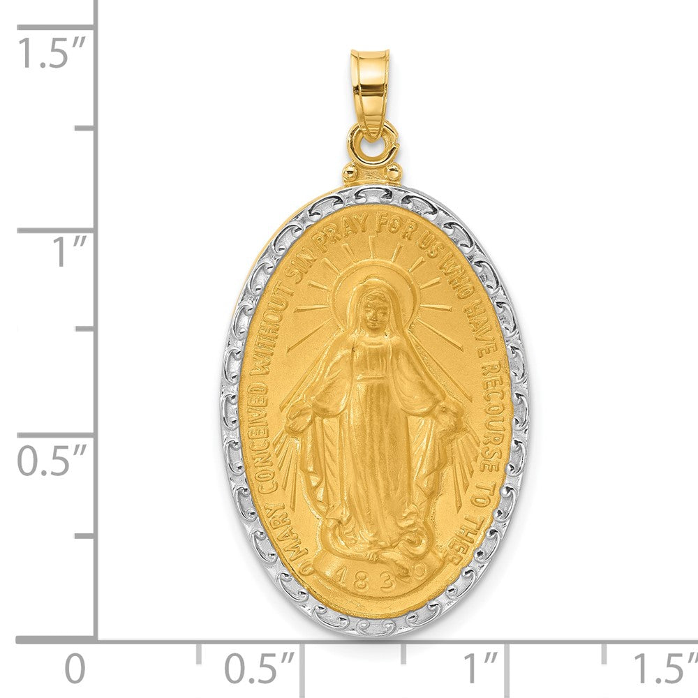 14k Yellow & Rhodium 19.4 mm Satin and Polished Miraculous Medal Solid Oval Pendant (3.8 grams)