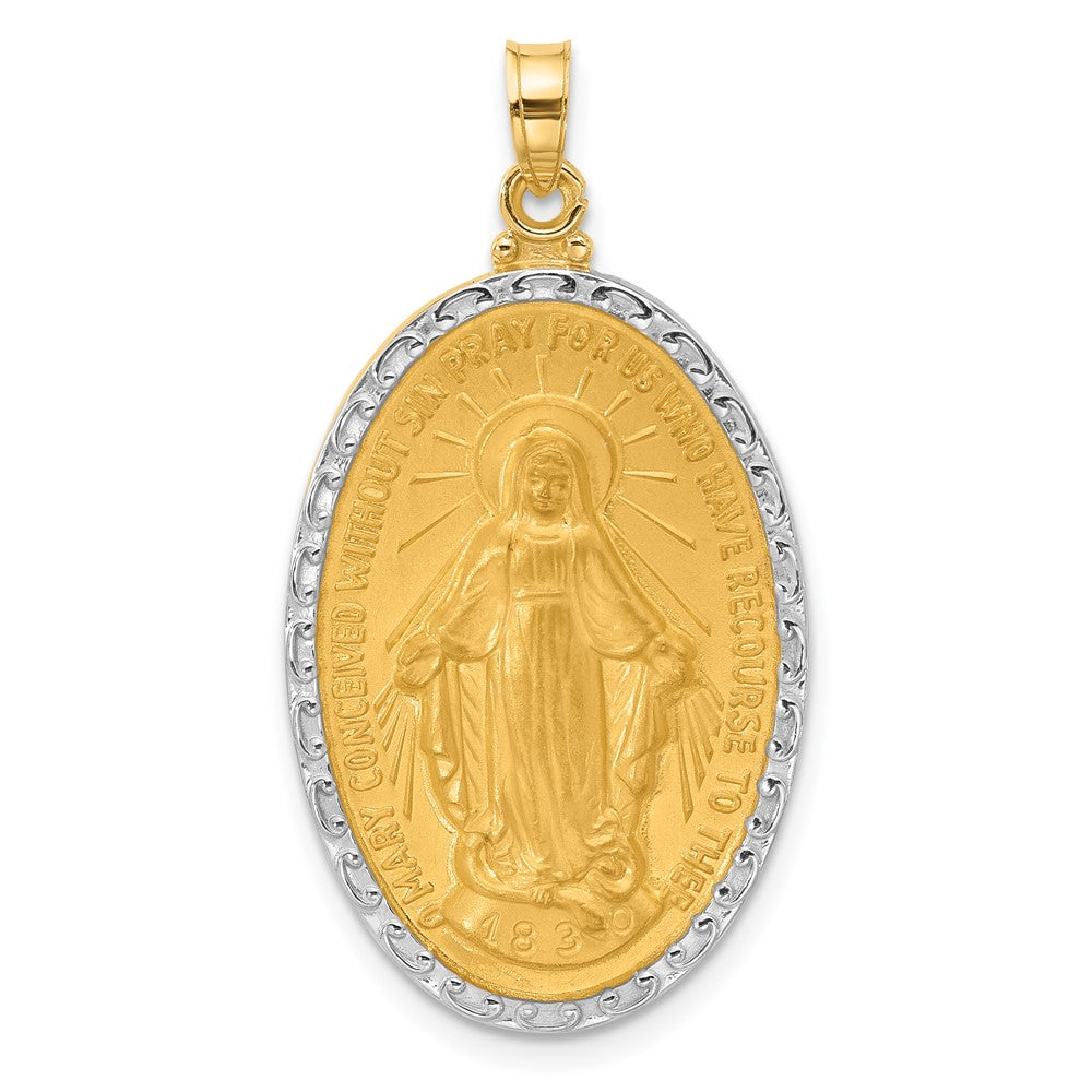 14k Yellow & Rhodium 19.4 mm Satin and Polished Miraculous Medal Solid Oval Pendant (3.8 grams)
