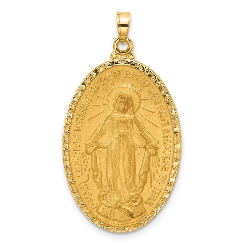 14k Yellow Gold 21.2 mm Satin and Polished Miraculous Medal Solid Oval Pendant (5.26 grams)