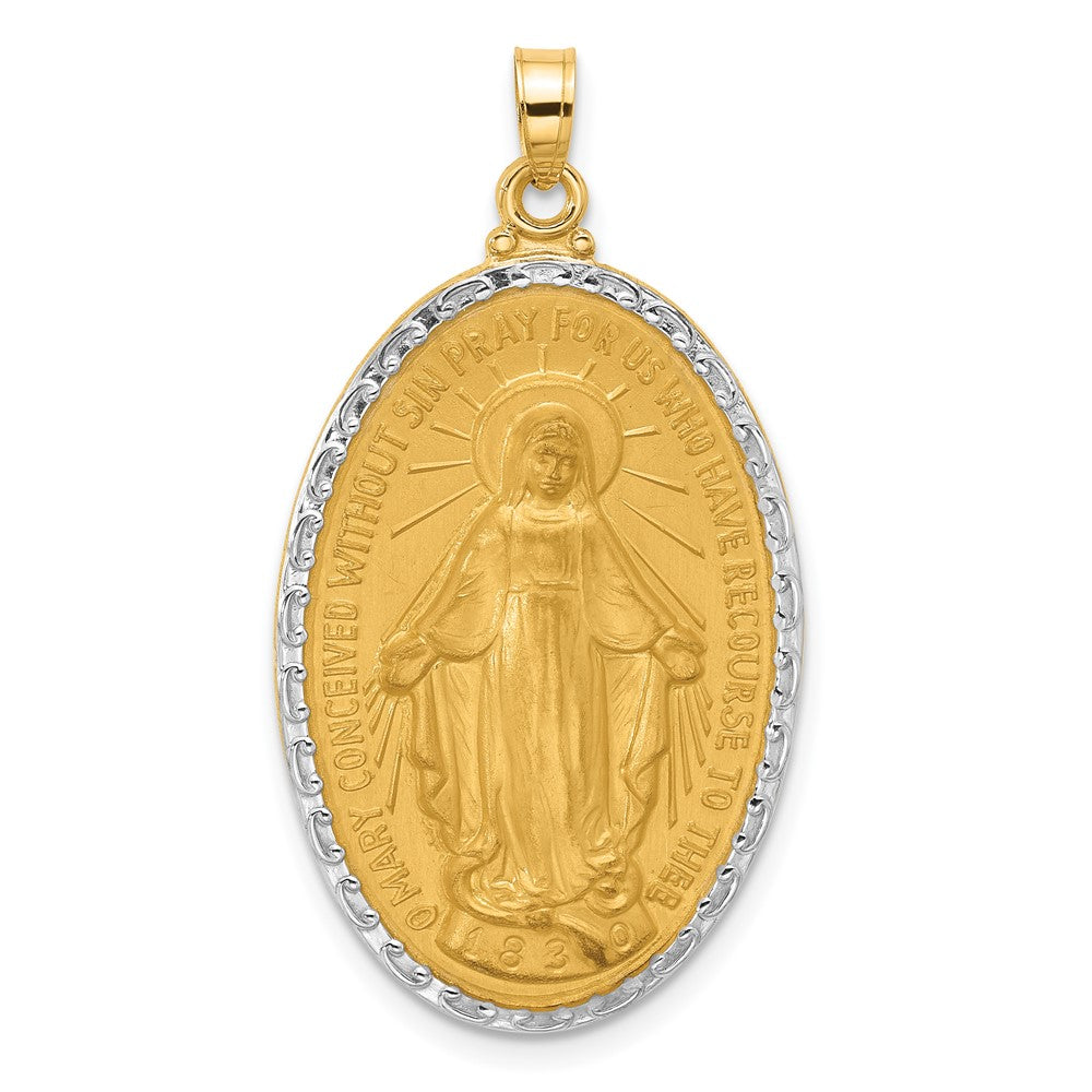 14k Yellow & Rhodium 21.2 mm Satin and Polished Miraculous Medal Solid Oval Pendant (5.3 grams)