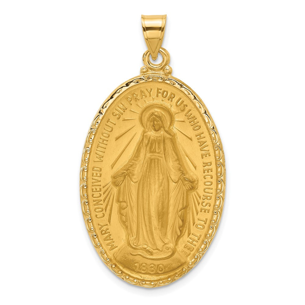 14k Yellow Gold 23.9 mm Satin and Polished Miraculous Medal Solid Oval Pendant (6.42 grams)