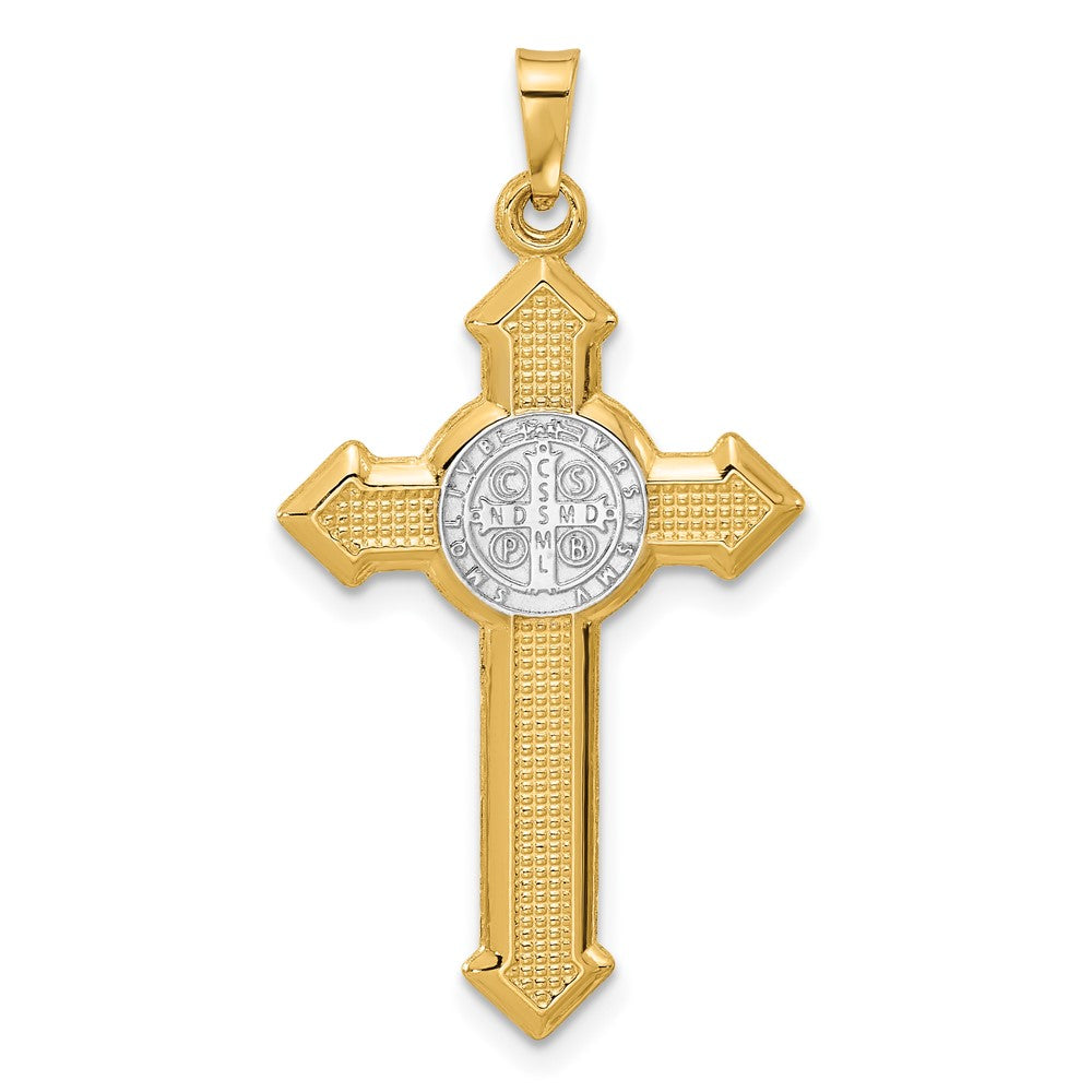 14k Two-tone 19.2 mm Textured Hollow Budded St Benedict Cross Pendent (0.86 grams)