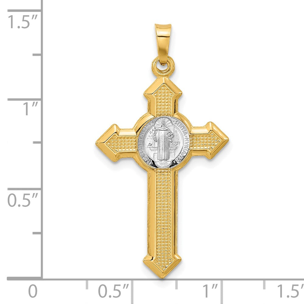 14k Two-tone 19.2 mm Textured Hollow Budded St Benedict Cross Pendent (0.86 grams)
