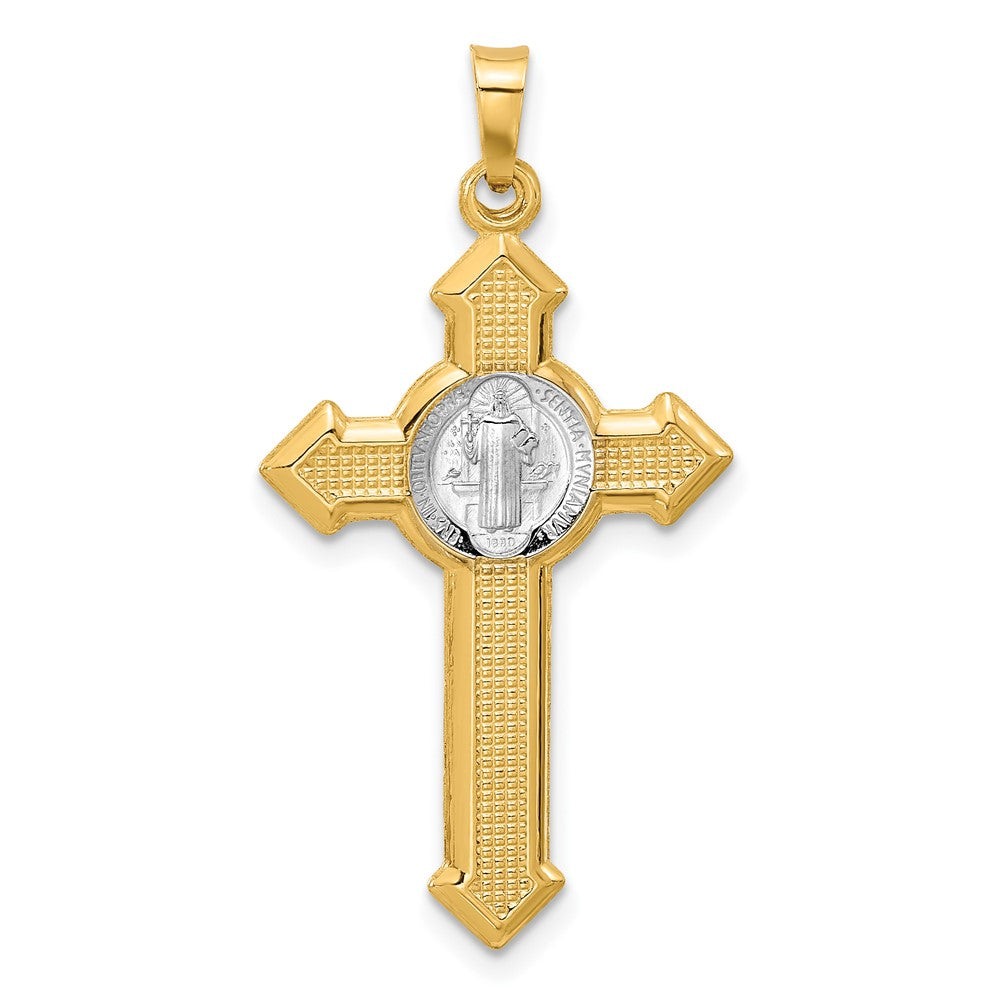 14k Two-tone 19.2 mm Textured Hollow Budded St Benedict Cross Pendent (0.86 grams)