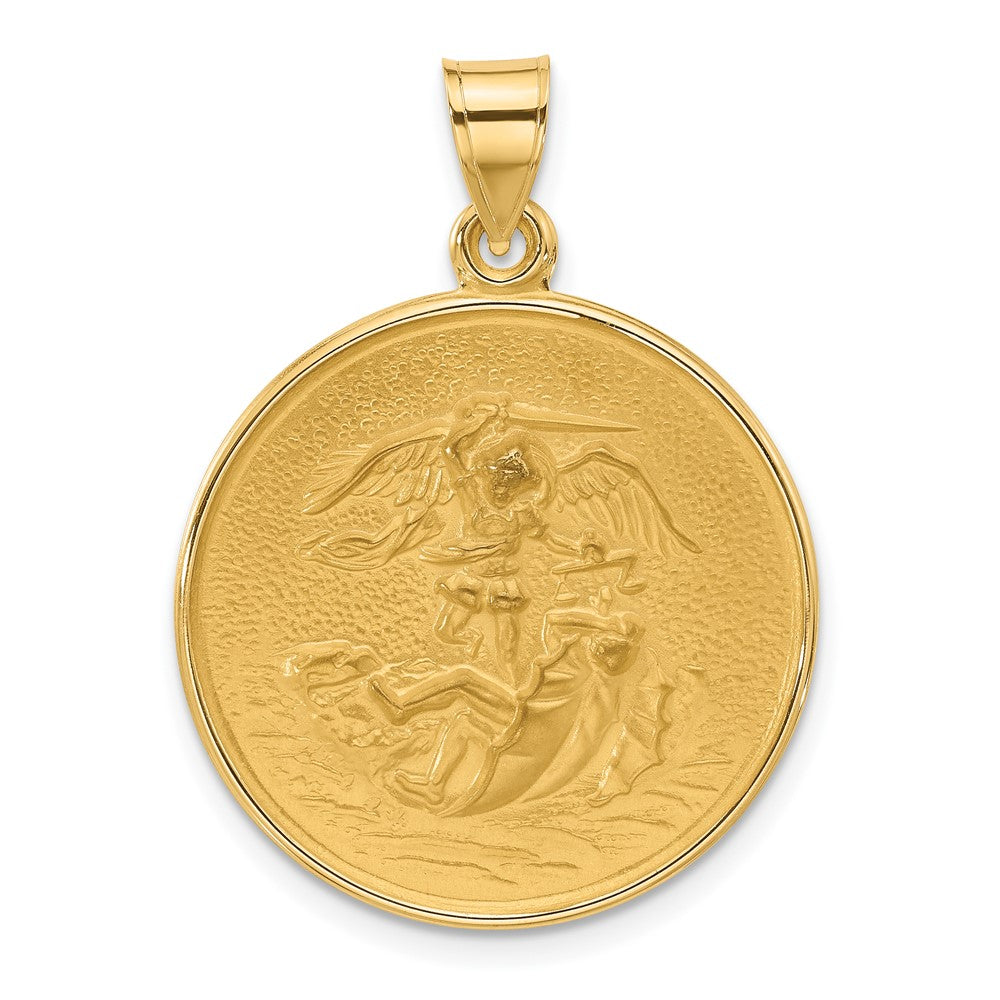 14k Yellow Gold 24.4 mm Polished and Satin Solid St. Michael Medal (5.42 grams)