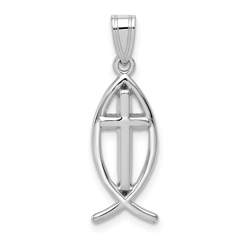 14k White Gold 9 mm Cross Ichthus Fish Pendant (1.19 grams)
