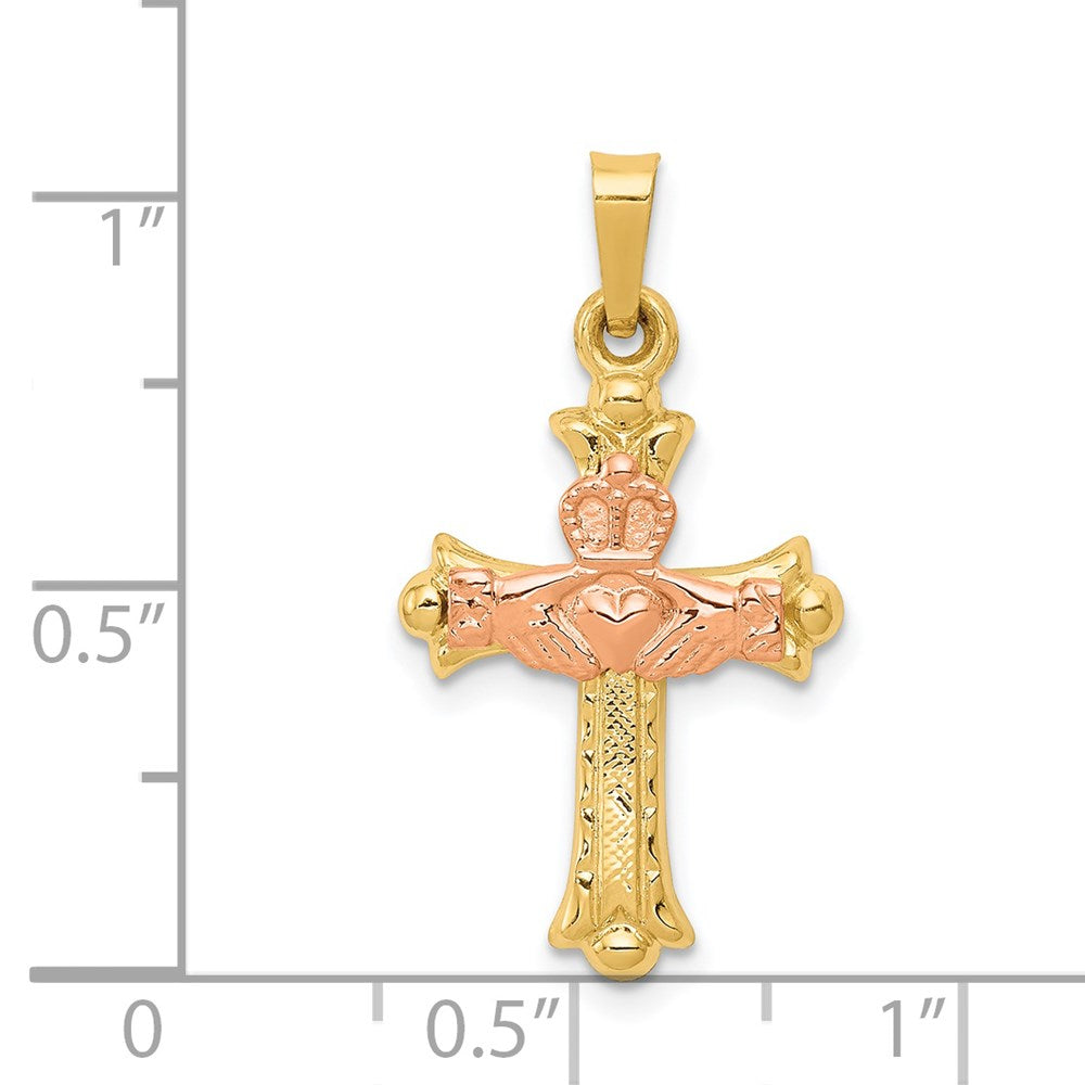 14k Two-tone 15 mm Claddagh Cross Pendant (0.67 grams)