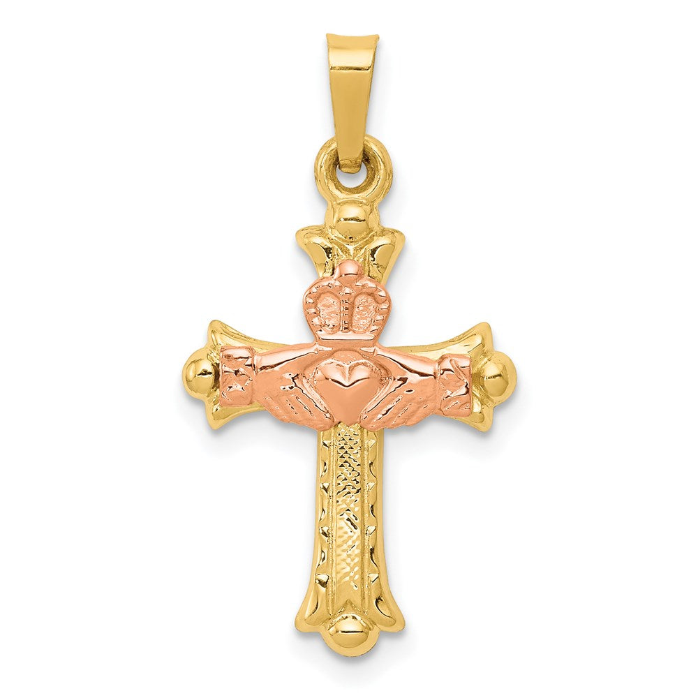 14k Two-tone 15 mm Claddagh Cross Pendant (0.67 grams)