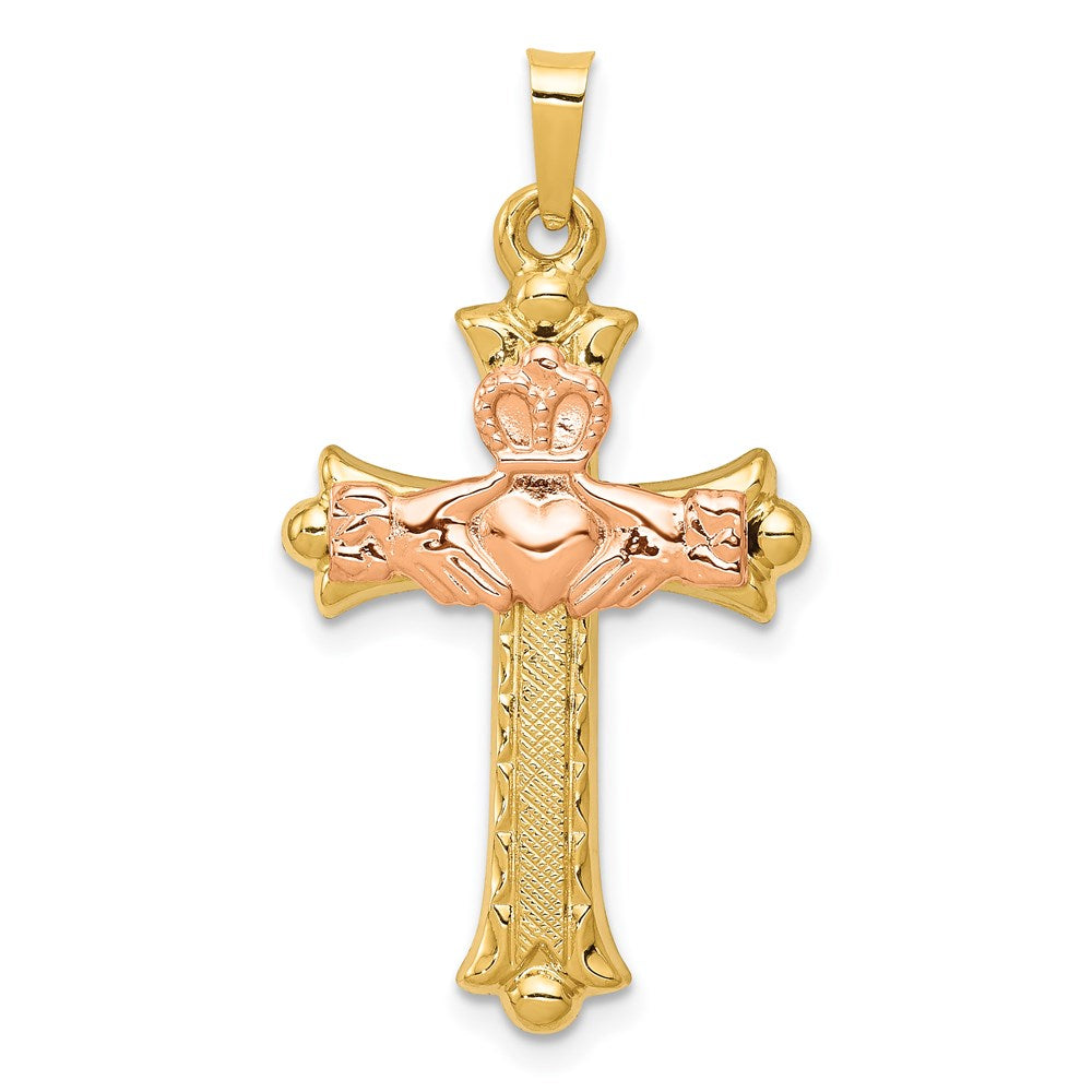 14k Two-tone 18 mm Two-Tone Claddagh Cross Pendant