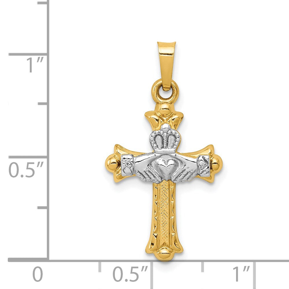 14k Two-tone 15 mm Claddagh Cross Pendant (0.71 grams)