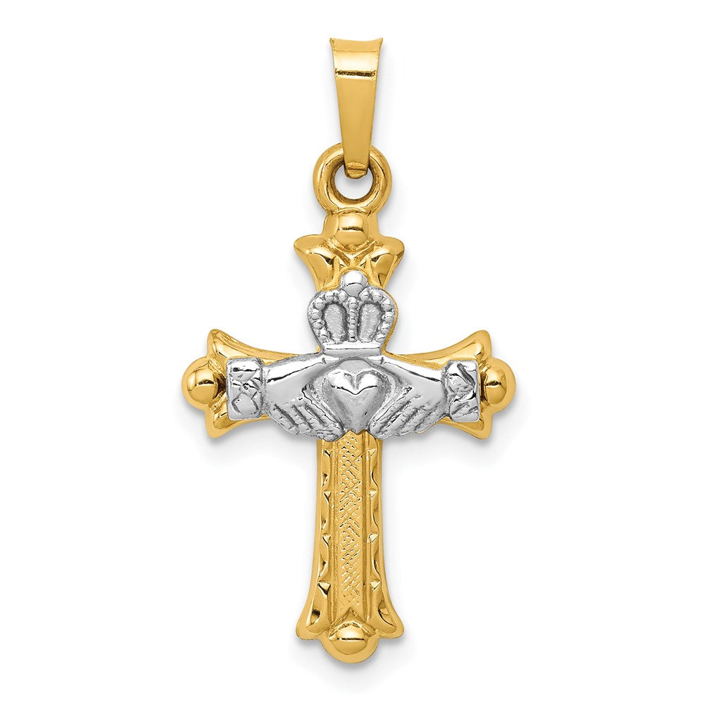 14k Two-tone 15 mm Claddagh Cross Pendant (0.71 grams)