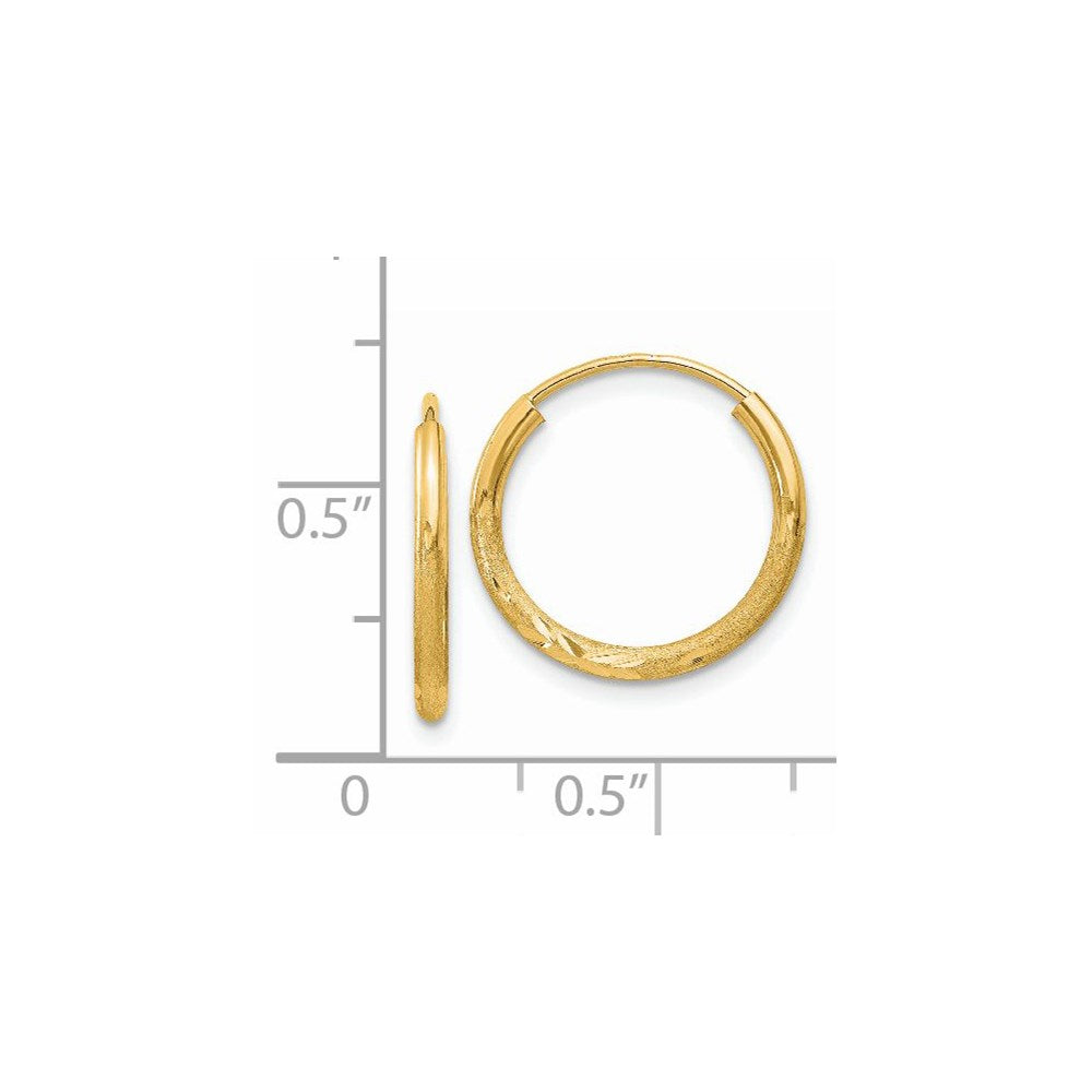 14k Yellow Gold 14 mm Satin Diamond-cut Endless Hoop Earrings (0.55 grams)