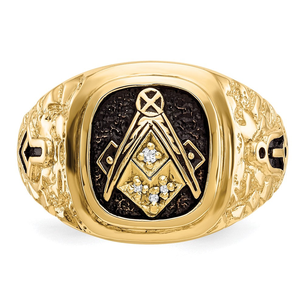 14k Polished, Antiqued and Nugget Texture AAA Quality Diamond Masonic Ring (11.69 grams)