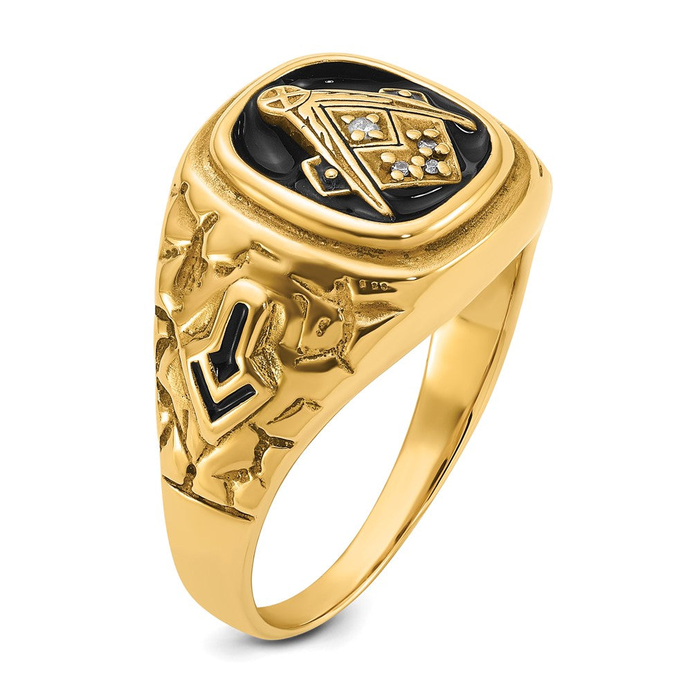 14k Polished, Antiqued and Nugget Texture AA Quality Diamond Masonic Ring (11.69 grams)