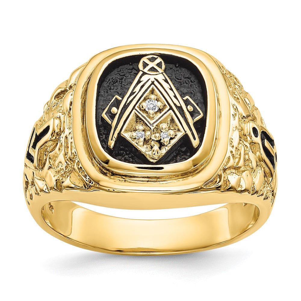 14k Polished, Antiqued and Nugget Texture AAA Quality Diamond Masonic Ring (11.69 grams)