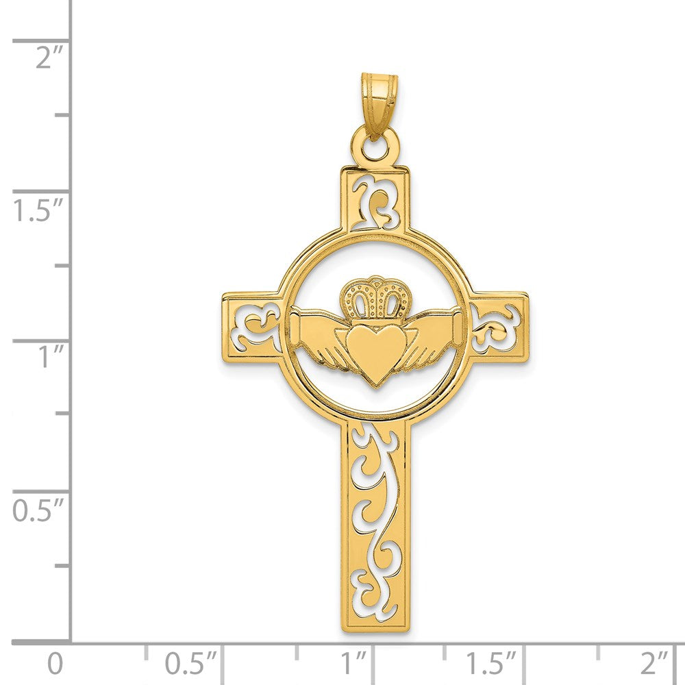 14k Yellow Gold 26 mm Laser Cut Claddagh Cross Charm (1.68 grams)